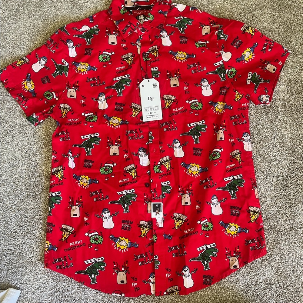 Vibrant Red Casual Button Down Shirt with Festive Pattern